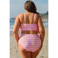 Pink Plus Size Plaid Print High Waist Bikini Set - 4X thumbnail