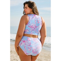 Sky Blue Plus Size Floral Print Twisted High Waist Bikini Set - 1X thumbnail