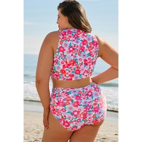 Rose Plus Size Floral Print Twisted High Waist Bikini Set - 3X thumbnail