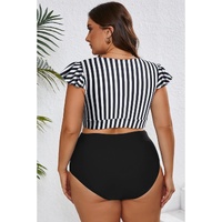 Black Stripe Plus Size Knot Cutout Ruffle Sleeve and High Waisted 2pcs Swimsuit - 4X thumbnail