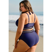 Navy Blue Embroidered Trim Wrap Tie Knot Plus Size High Waisted Bikini - 2X thumbnail