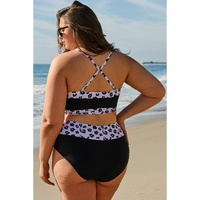 Black 2pcs Leopard Patchwork Plus Size High Waisted Swimsuit - 4X thumbnail