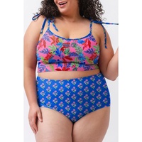Blue Fashion Print Tied Straps Crop Vest and High Waist Plus Size Bikini - 4X thumbnail