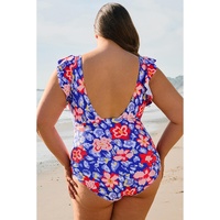Blue Floral Print Ruffled V Neck High Waist One Piece Swimwear - 4X thumbnail