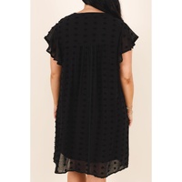 Black Dotty Textured Notched Neck Plus Ruffled Dress - 3X thumbnail