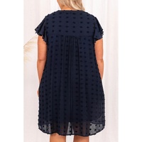 Navy Blue Dotty Textured Notched Neck Plus Ruffled Dress - 4X thumbnail