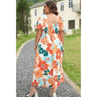 Orange Plus Size Flower Print Shirred Square Neck Maxi Dress - 1X thumbnail