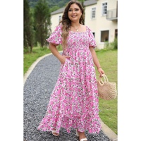 Pink Plus Size Floral Print Smocked Puff Sleeve Dress - 2X thumbnail