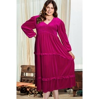Rose Red Shirred V Neck Tiered Ruffled Velvet Plus Size Maxi Dress - 1X thumbnail