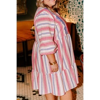 White Stripe Plus Size Embroidered Detail Flared 3/4 Sleeve V Neck Dress - 3X thumbnail