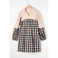 Black Plaid Waffle Knit Patchwork Collared V Neck Plus Size Mini Dress - 3X thumbnail