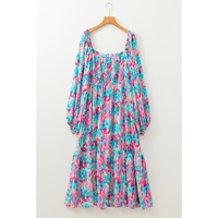 Sky Blue Floral Allover Print Shirred Square Neck Plus Size Maxi Dress - 1X thumbnail