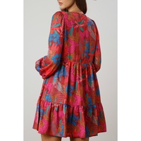 Rose Tropical Printed Lantern Sleeve V Neck Ruffled Plus Size Mini Dress - 1X thumbnail