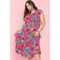 Red Floral Print Ruffled Sleeveless Plus Size Long Dress - 1X thumbnail