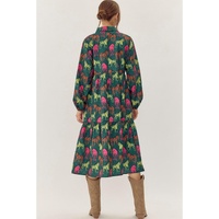 Green Horse Printed Long Sleeve Collared Buttoned Plus Size Midi Dress - 2X thumbnail