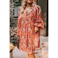 Orange Floral Print Split V Neck Bubble Sleeve Plus Size Midi Dress - 1X thumbnail