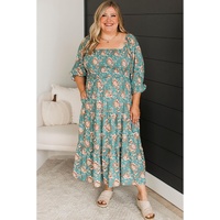 Green Plus Size Floral Print Square Neck Smocked Maxi Dress - 4X thumbnail