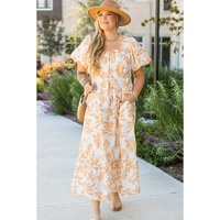 Apricot Floral Print Puff Short Sleeve Resort Plus Size Maxi Dress - 2X thumbnail