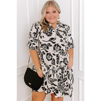 Black Floral Print Tiered Frilled Half Sleeve Plus Size Mini Dress - 4X thumbnail