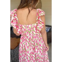 Pink Plus Size Ruffle Trim Square Neck High Waist Floral Maxi Dress - 1X thumbnail