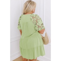 Laurel Green Floral Crochet Short Sleeve Notch V Neck Tiered Plus Size Mini Dress - 2X thumbnail