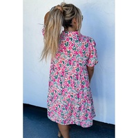 Pink Plus Size Floral Half Button Short Puff Sleeve A-line Dress - 1X thumbnail
