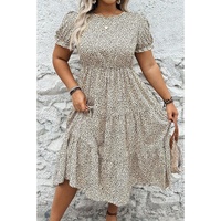 Beige Plus Size Leopard Print Frill Trim Short Sleeve Flared Dress - 2X thumbnail