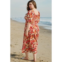Orange Floral V Neck Flutter Sleeve Cinched Waist Long Plus Size Dress - 1X thumbnail