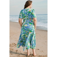 Green Leaves Print Short Sleeve Surplice Neck Ruffled Trim Plus Size Maxi Dress - 2X thumbnail