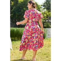Pink Floral Print V Neck Pocketed High Waist Plus Size Midi Dress - 4X thumbnail