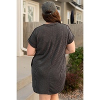 Carbon Grey Corded V Neck Plus Size T Shirt Dress with Pockets - 2X thumbnail