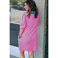 Rose Stripe Collared V Neck Puff Sleeve Shift T Shirt Dress with Pockets - 3X thumbnail