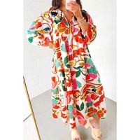 Orange Floral Print Drawstring V Neck Tiered Plus Size Dress - 1X thumbnail