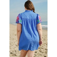Sky Blue Plus Size Floral Embroidered Puff Sleeve Gingham Mini Dress - 4X thumbnail