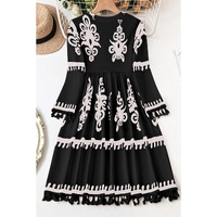 Black Plus Size Western Floral Print Fringed V Neck Dress - 1X thumbnail