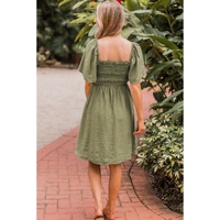 Grass Green Frilly Square Neck Flutter Sleeve Smocked High Waist Plus Size Dress - 3X thumbnail