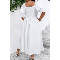 White Swiss Dot Smocked Frilled Neckline Short Sleeve Plus Size Dress - 3X thumbnail