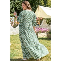 Green Geometric Floral Print Half Sleeve Plus Size Maxi Dress - 2X thumbnail