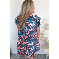 Blue Abstract Print Shirred Ruffled Short Sleeve Tiered Plus Size Mini Dress - 3X thumbnail