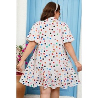 White Polka Dot Print Bubble Sleeve Button Up Plus Size Shirt Dress - 4X thumbnail