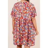 Red Dainty Flower Printed Plus Size Short Sleeve Shift Dress - 1X thumbnail