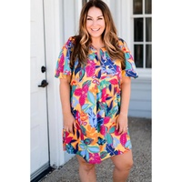 Multicolour Plus Size Leafy Print Split Neck Short Sleeve Shift Dress - 2X thumbnail