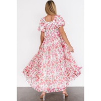 Pink Plus Size Floral Square Neck Puff Sleeve Ruffle Maxi Dress - 1X thumbnail