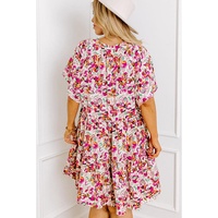 White Abstract Print V Neck Short Sleeve Ruffled Plus Size Mini Dress - 1X thumbnail