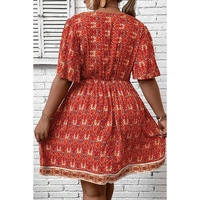 Orange Plus Size Printed Surplice Neck Empire Waist Flowy Mini Dress - 1X thumbnail