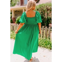 Bright Green Ruched Front Puff Sleeve Plus Size Long Dress - 1X thumbnail