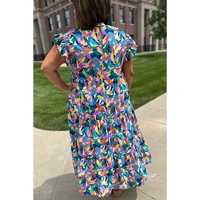 Blue Geometric Print Ruffled Short Sleeve Plus Size Tiered Maxi Dress - 4X thumbnail