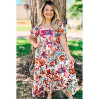 White Floral Square Neck Puff Sleeve Flowy Plus Size Midi Dress - 2X thumbnail