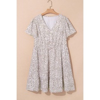 White Floral V Neck Ruffled Short Sleeve Plus Size Dress - 3X thumbnail