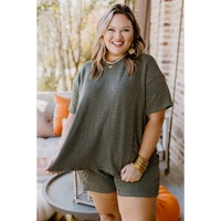 Moss Green Plus Size Rib Knit Short Sleeve Top and Shorts Set - 1X thumbnail